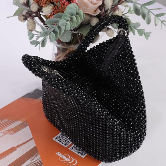 6'' Women Black Beaded Triangle Evening Bag for Cocktail Wedding - Picture 4 of 5